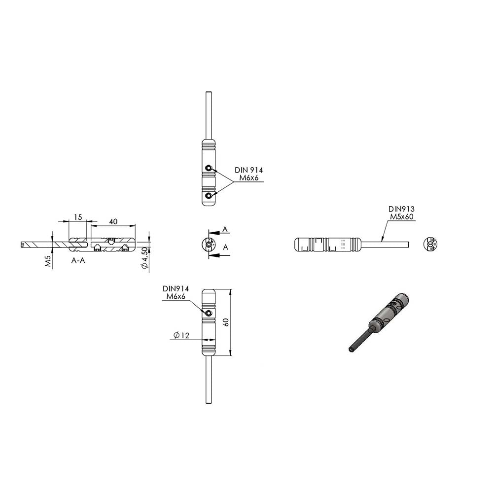 Gewindeterminal zur Selbstmontage, mit Außengewinde M5, für ø 4mm Seil