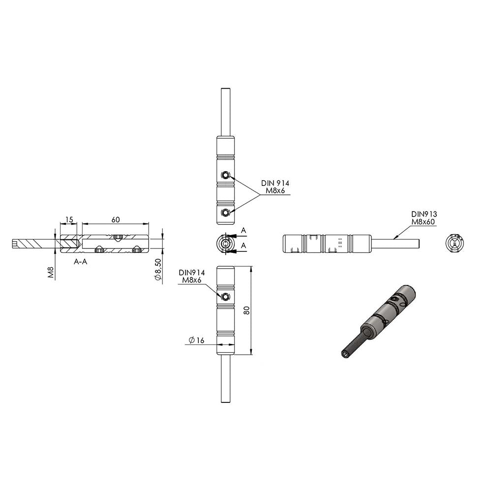 Gewindeterminal zur Selbstmontage, mit Außengewinde M8, für ø 8mm Seil