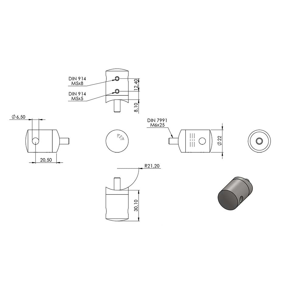 Seilhalter ø 22mm, Anschluss ø 42,4mm, für ø 5mm Seil