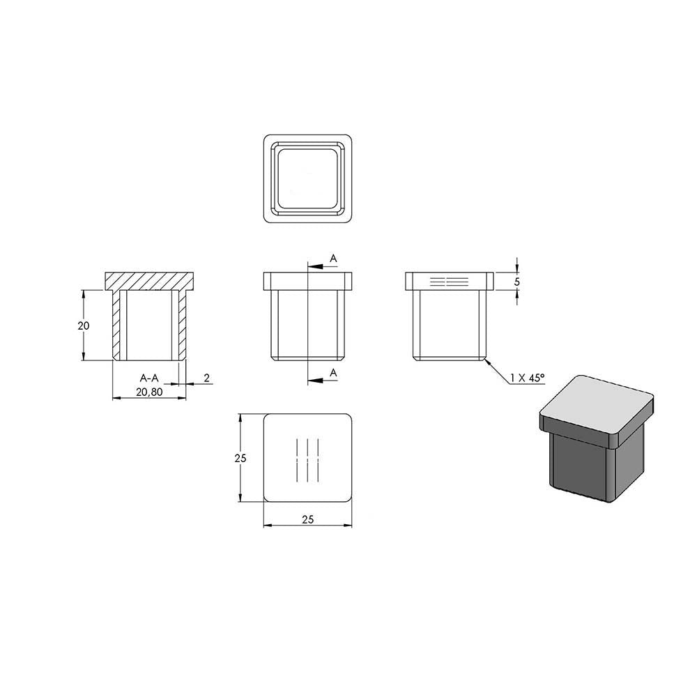 Einsteckkappe, für Vierkantrohr 25 x 25 x 2,0mm