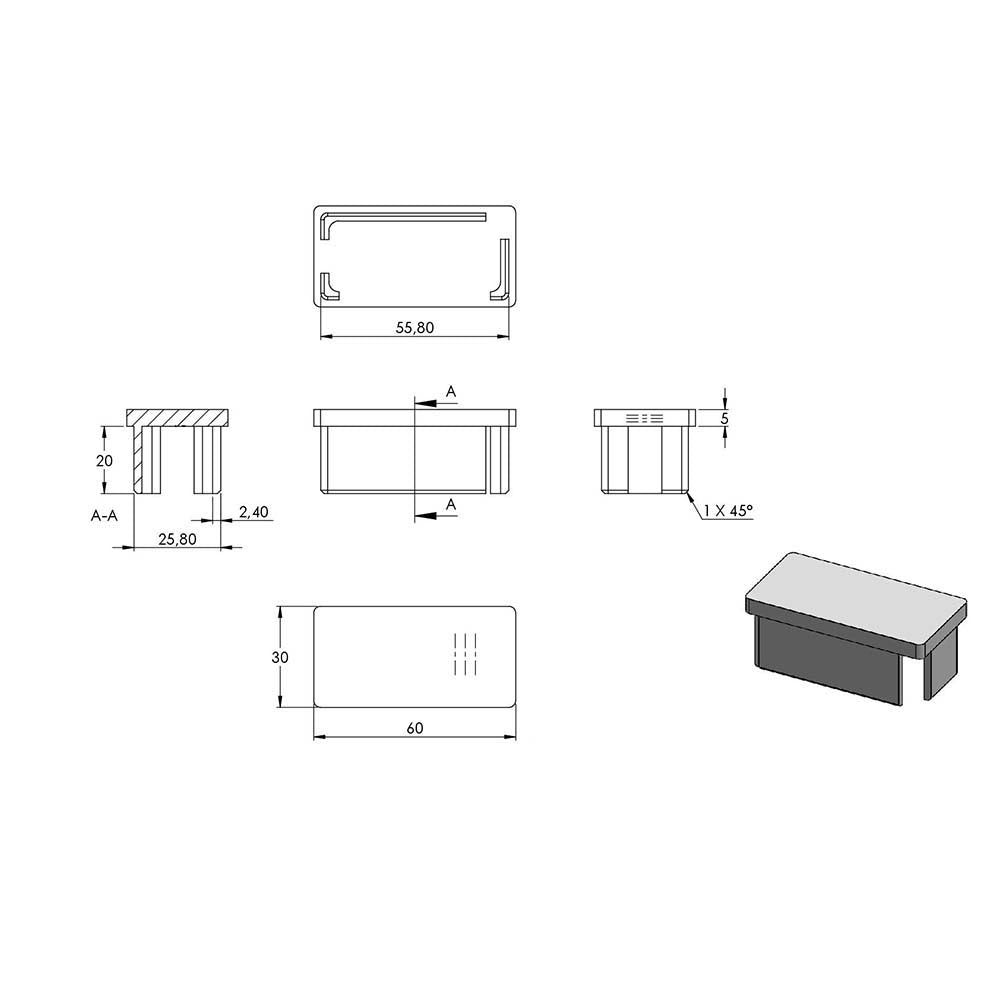 Einsteckkappe, für Rechteckrohr 60 x 30 x 2,0mm