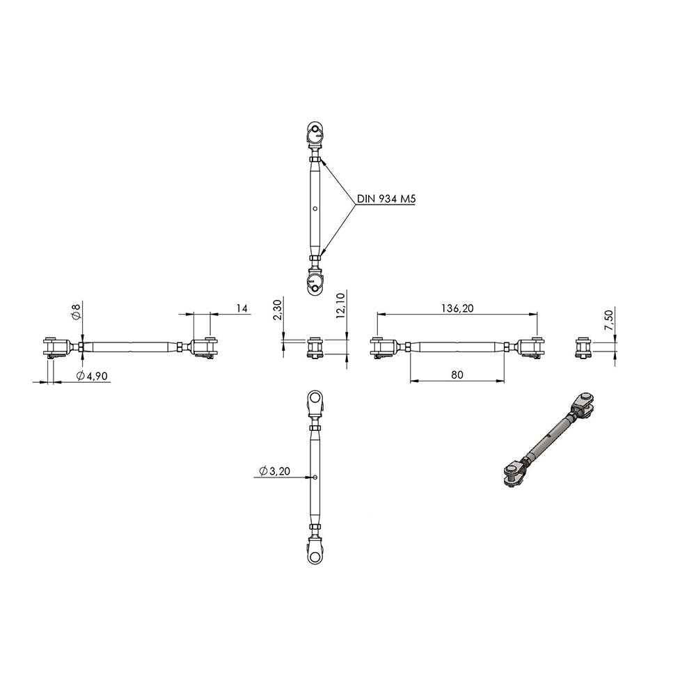 Wantenspanner mit beidseitiger Gabel, mit M5 Gewinde