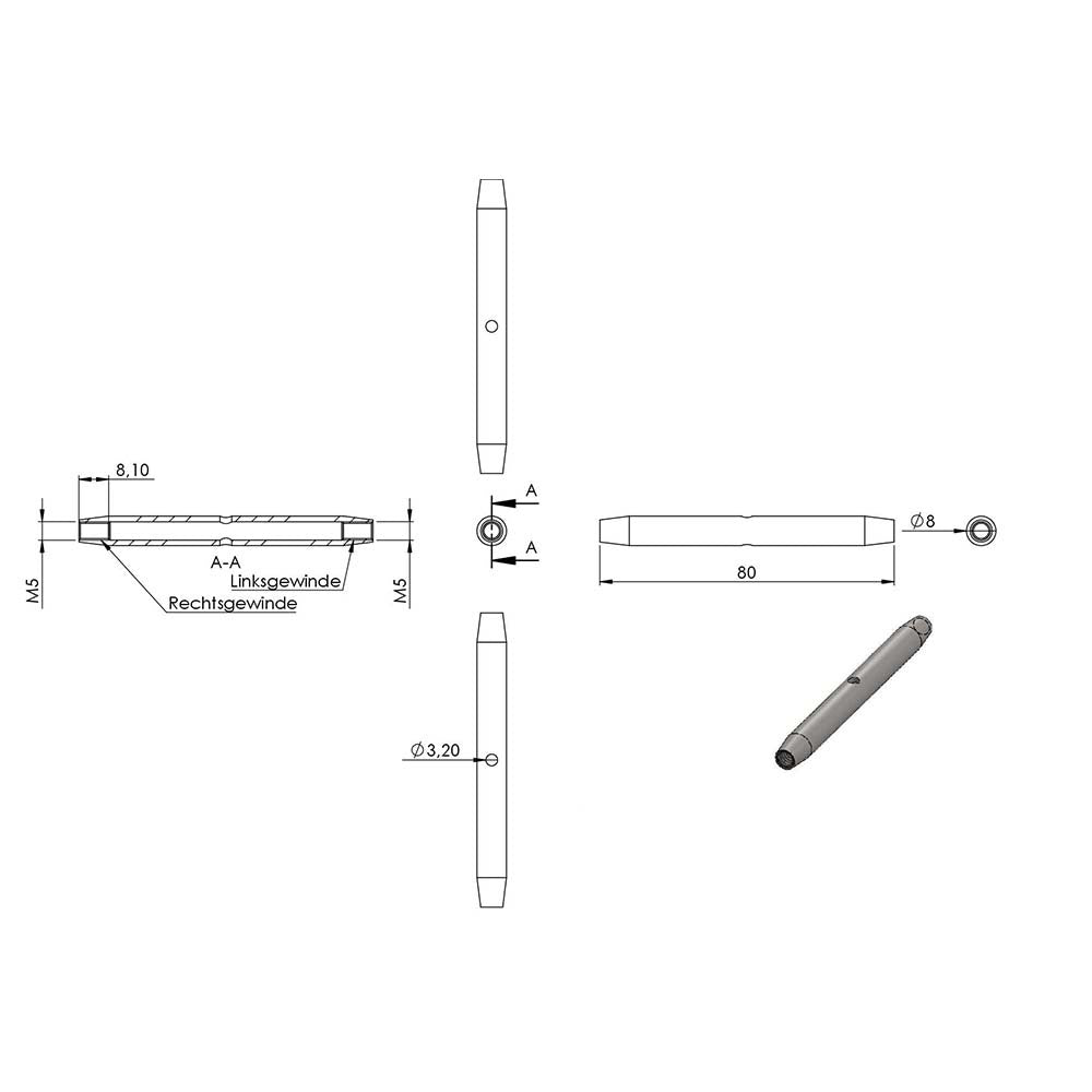 Wantenspanner mit beidseitiger Gabel, mit M5 Gewinde