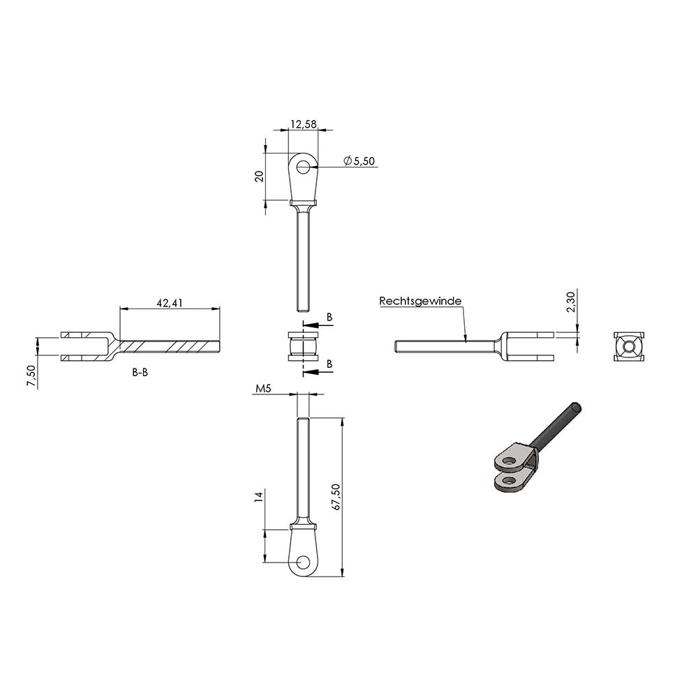 Wantenspanner mit beidseitiger Gabel, mit M5 Gewinde