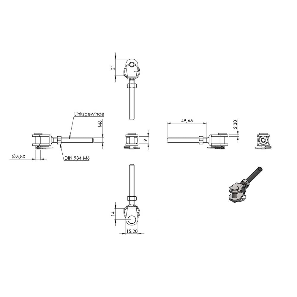 Wantenspanner mit beidseitiger Gabel, mit M6 Gewinde