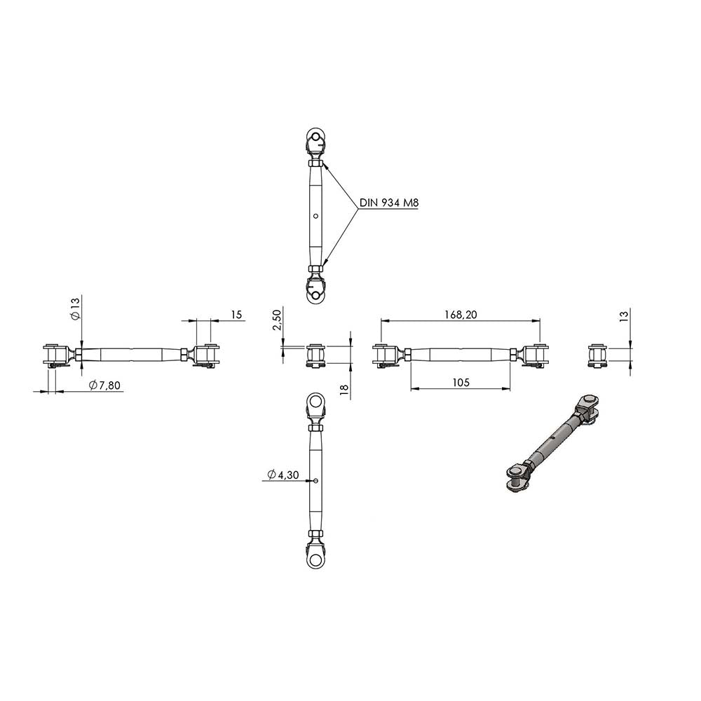 Wantenspanner mit beidseitiger Gabel, mit M8 Gewinde