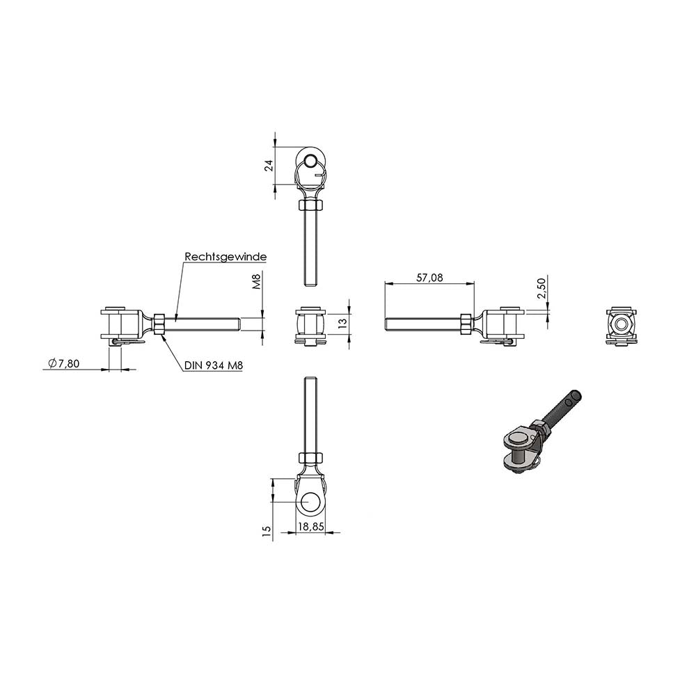 Wantenspanner mit beidseitiger Gabel, mit M8 Gewinde
