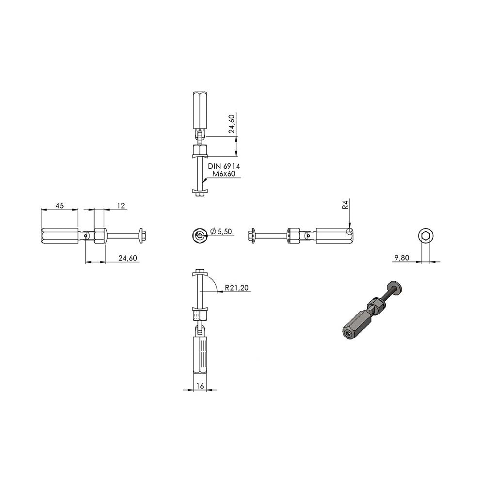 Gewindeterminal zur Selbstmontage mit Gelenk, für Pfosten ø 42,4 mm und ø 4mm Seil