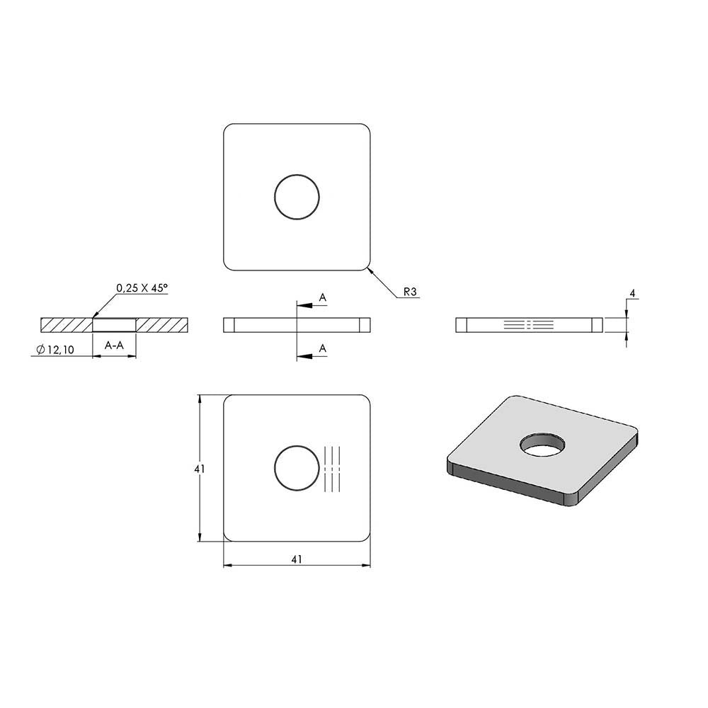 V4A Platte, mit Bohrung 12,1mm, zum Aufschweißen, für Vierkantrohr 40 x 40mm
