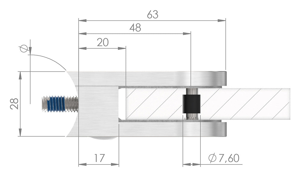 Glasklemme Modell 12, Anschluss für ø 42,4mm Rohr, für Glasstärke 1,5 - 10,76mm
