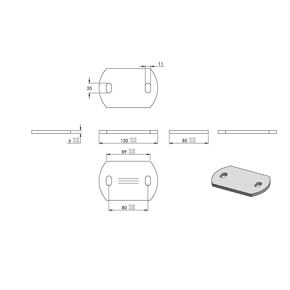 Ankerplatte 120 x 80mm, Stärke 6mm, mit zwei 20 x 11mm Langlöchern, einseitig geschliffen