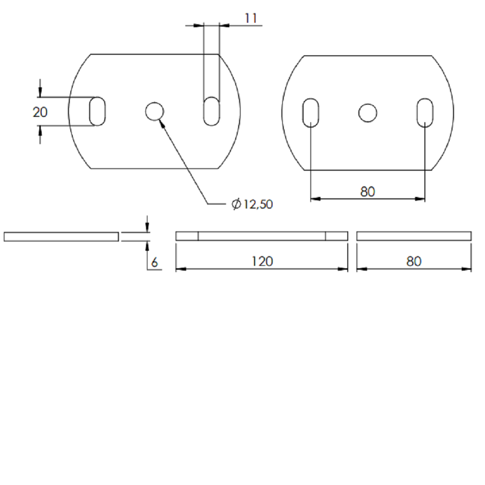 Ankerplatte 120 x 80mm, Stärke 6mm, mit zwei 11 x 20mm Langlöcher und ø 12,5mm Mittelbohrung, Stahl roh