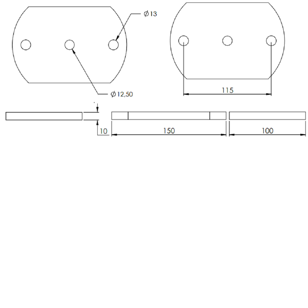 Ankerplatte 150 x 100mm, Stärke 10mm, mit zwei ø 13mm Rundlöcher und ø 12,5mm Mittelbohrung, gelasert, Stahl roh