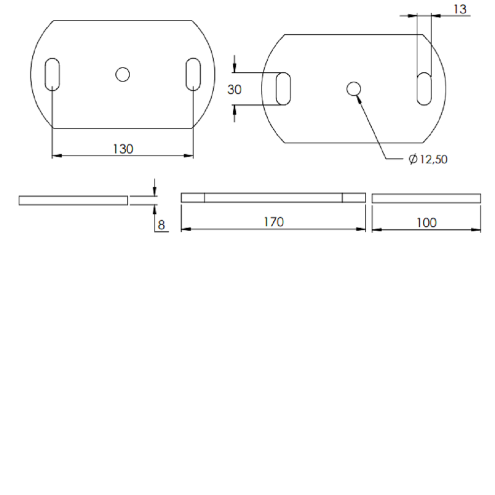 Ankerplatte 170 x 100mm, Stärke 8mm, mit zwei 13 x 30mm Langlöcher und ø 12,5mm Mittelbohrung, Stahl roh