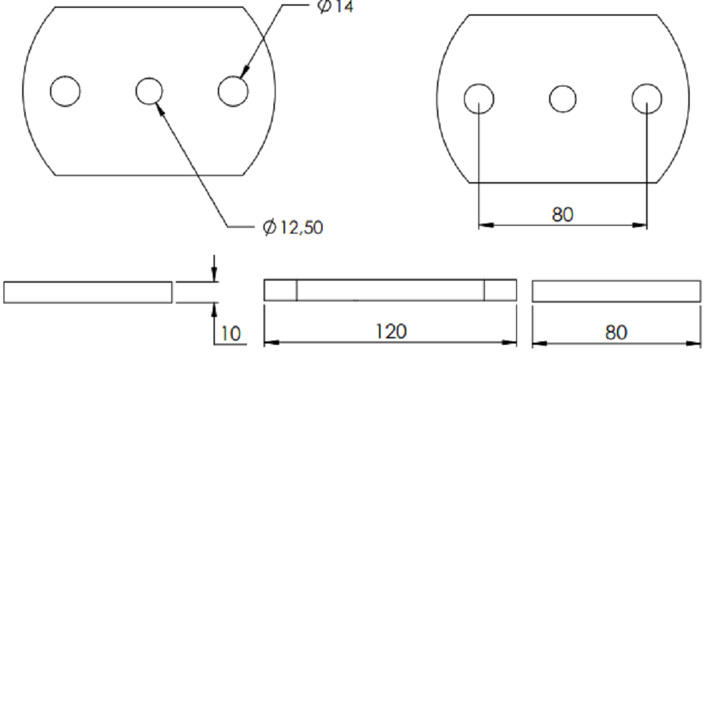 Ankerplatte 120 x 80mm, Stärke 10mm, mit zwei ø 14mm Rundlöcher und ø 12,5mm Mittelbohrung, gelasert, Stahl roh