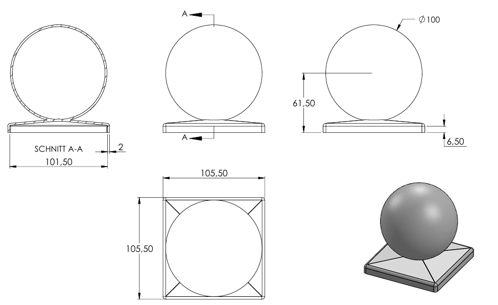 Pyramidenkappe mit Hohlkugel ø 100mm, für Quadratrohr 100 x 100mm, Stahl roh