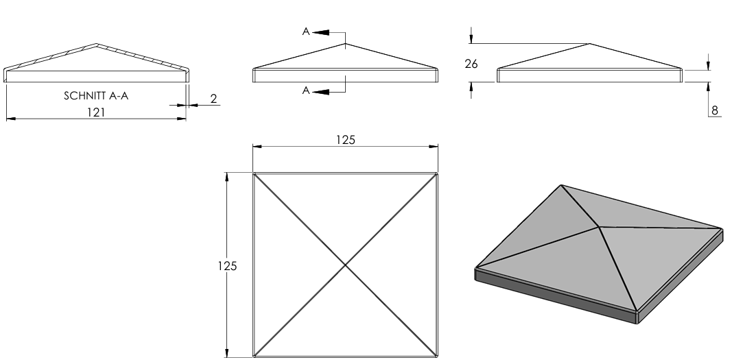 Pyramidenkappe für Quadratrohr 120 x 120mm, Stahl galvanisch verzinkt