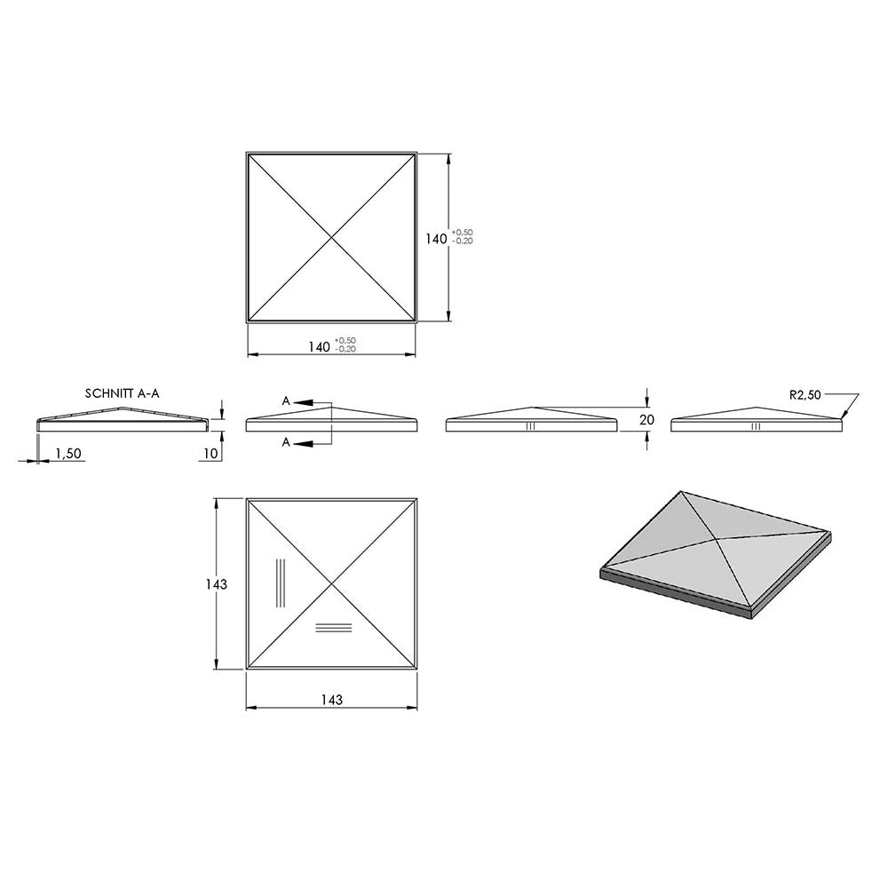 Pyramidenkappe 140x140mm, geschliffen, Ecken verschweißt und geschliffen