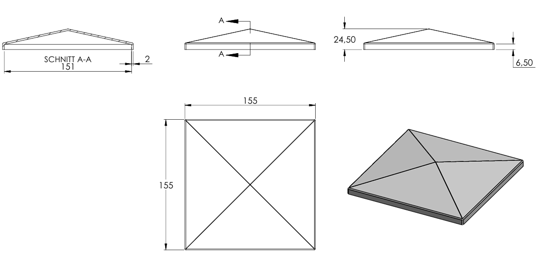 Pyramidenkappe für Quadratrohr 150 x 150mm, Stahl roh