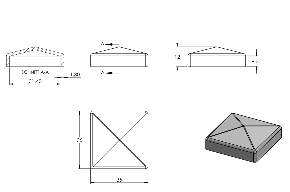 Pyramidenkappe für Quadratrohr 30 x 30mm, Stahl roh