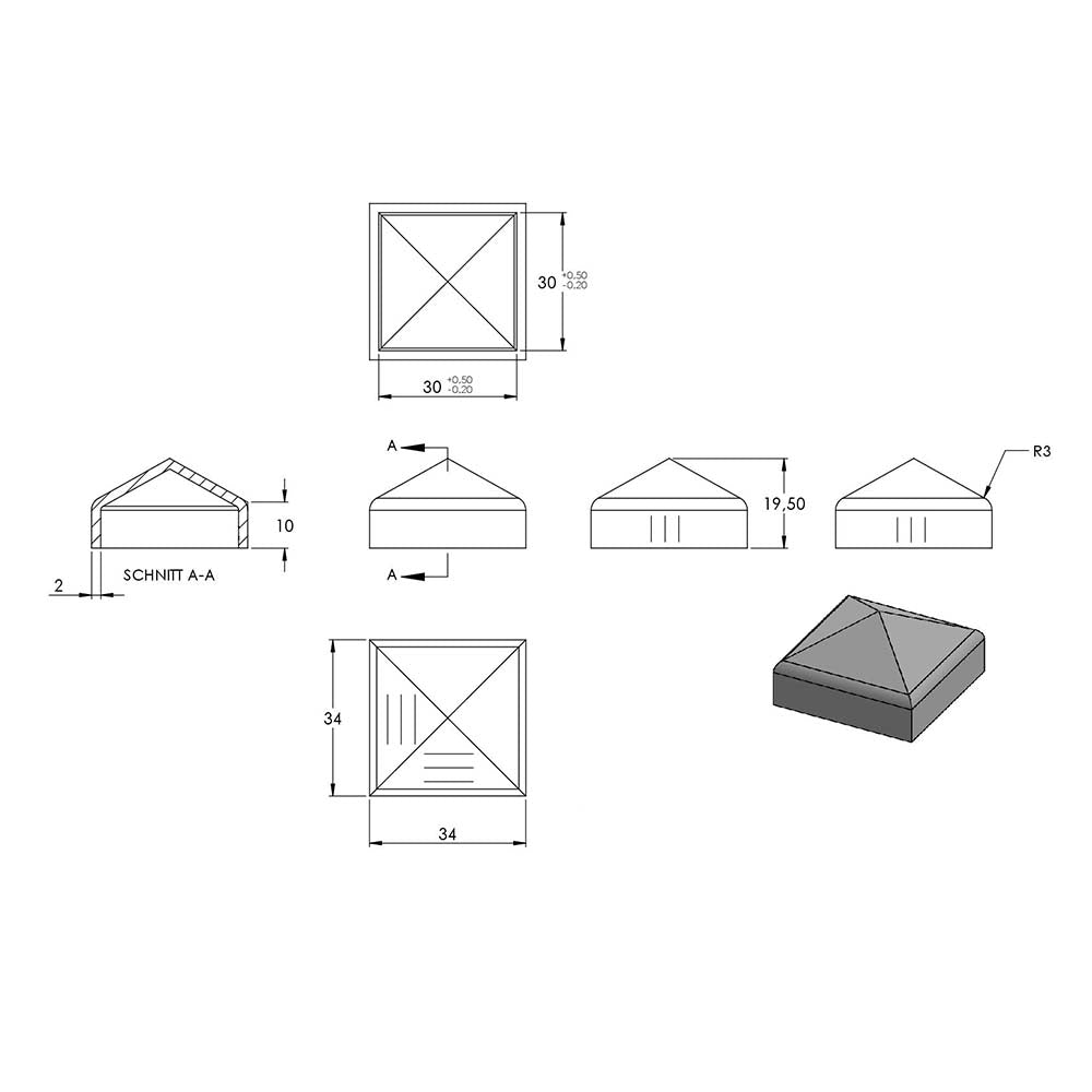 Pyramidenkappe 30x30mm, geschliffen, Ecken verschweißt und geschliffen
