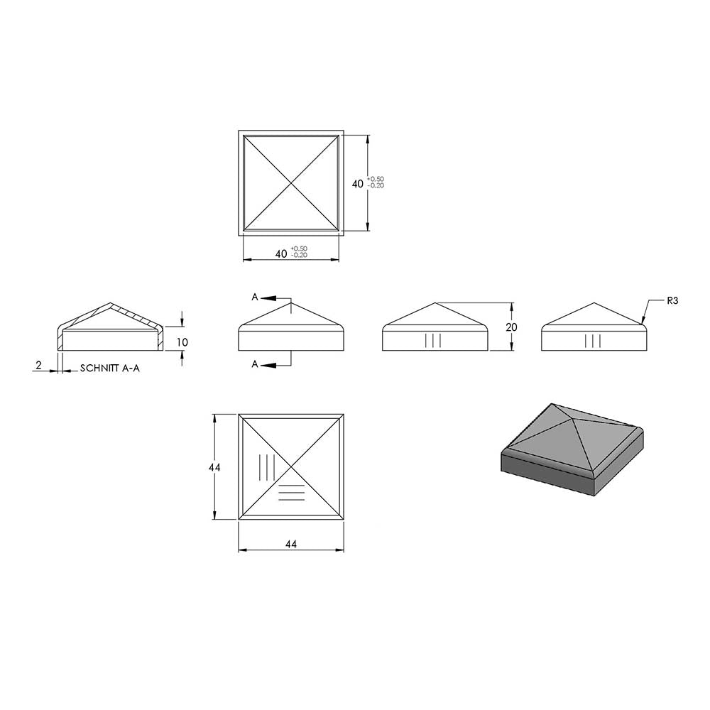 Pyramidenkappe 40x40mm, geschliffen, Ecken verschweißt und geschliffen