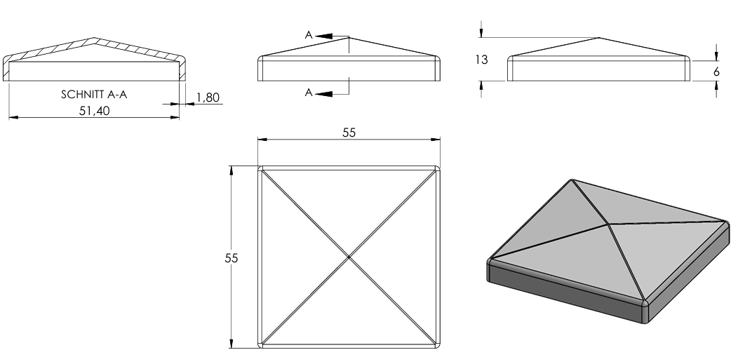 Pyramidenkappe für Quadratrohr 50 x 50mm, Stahl galvanisch verzinkt