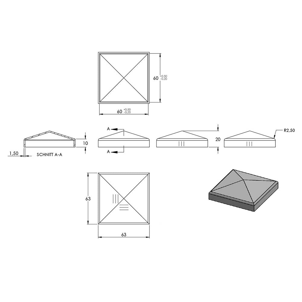 Pyramidenkappe 60x60mm, geschliffen, Ecken verschweißt und geschliffen