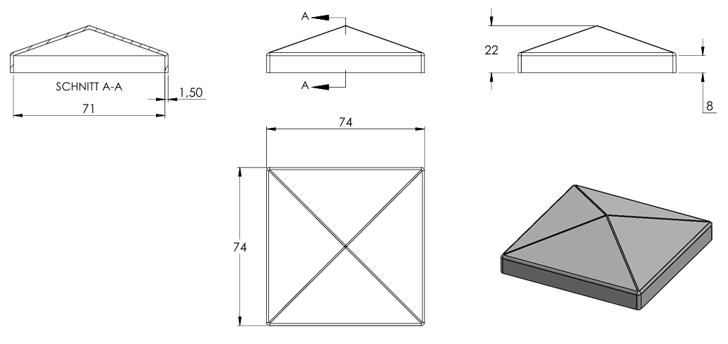 Pyramidenkappe für Quadratrohr 70 x 70mm, Stahl roh