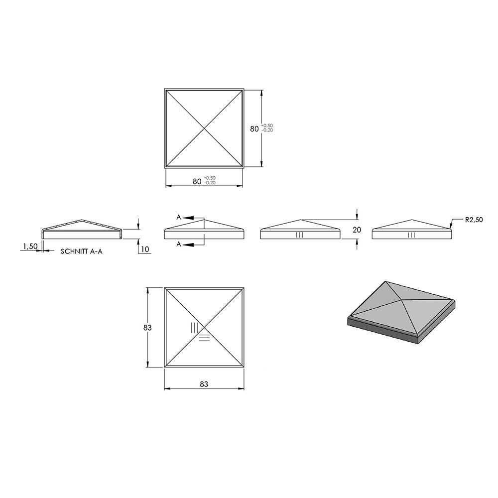 Pyramidenkappe 80x80mm, geschliffen, Ecken verschweißt und geschliffen