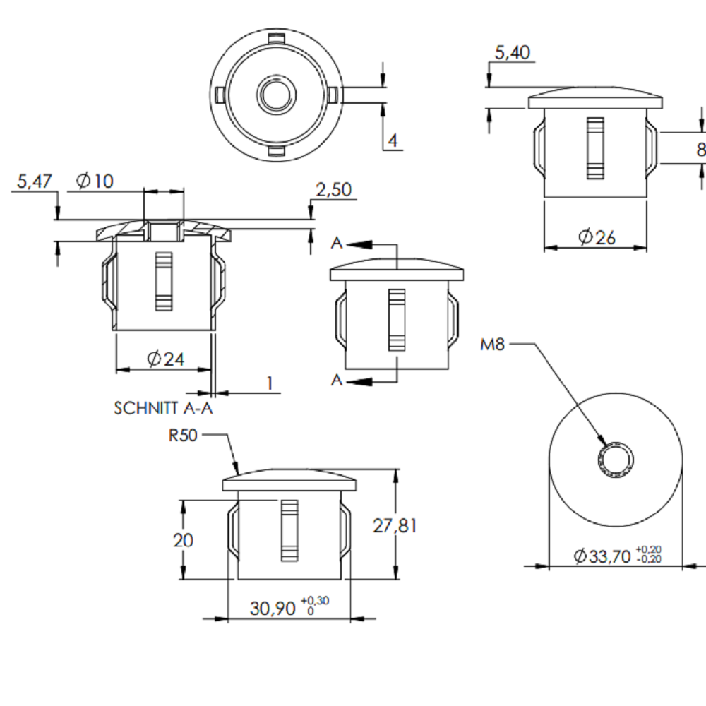 Stahleinschlagstopfen für Rohr ø 33,7mm, mit Wandstärke 1,8-2,2mm, leicht gewölbt, mit Gewinde M8