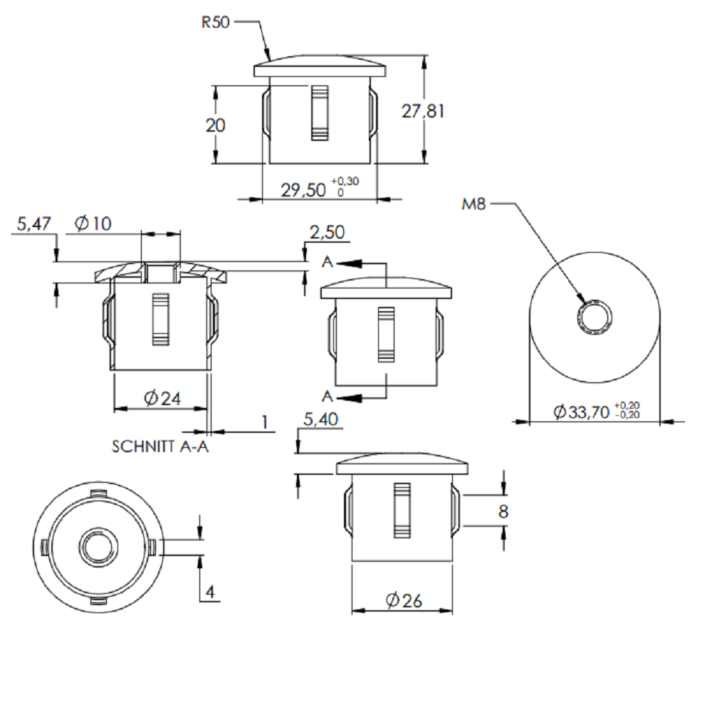 Stahleinschlagstopfen für Rohr ø 33,7mm, mit Wandstärke 2,5-2,9mm, leicht gewölbt, mit Gewinde M8
