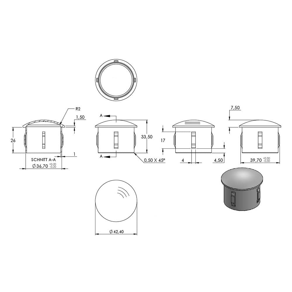 V2A Einschlagstopfen leicht gewölbt, hohl mit Nasen, für Rohr ø 42,4 x 2,0 - 2,5mm