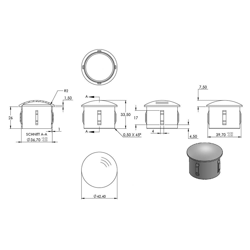 Einschlagstopfen leicht gewölbt, hohl mit Nasen, für Rohr ø 42,4 x 2,0 - 2,6mm