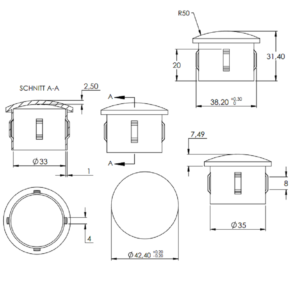Stahleinschlagstopfen für Rohr ø 42,4mm, mit Wandstärke 2,5-2,9mm, leicht gewölbt