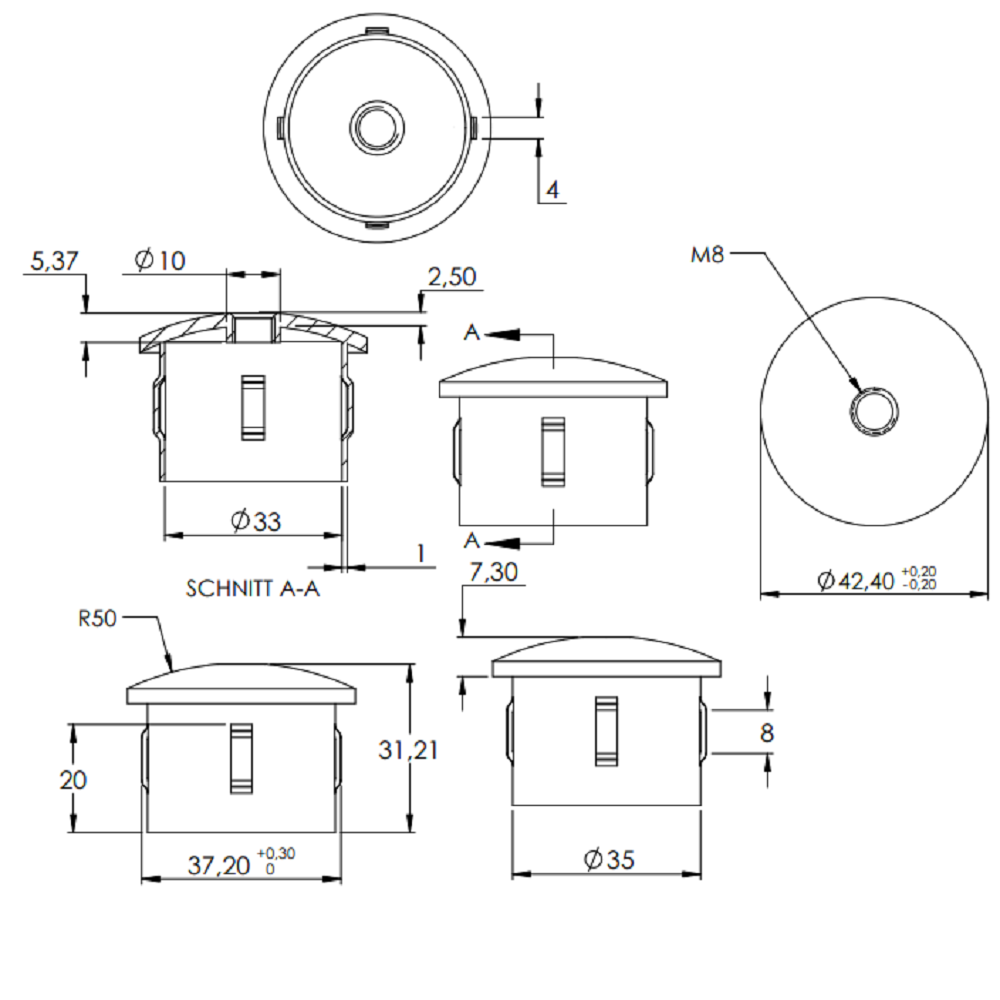 Stahleinschlagstopfen für Rohr ø 42,4mm, mit Wandstärke 3,0-3,5mm, leicht gewölbt, mit Gewinde M8