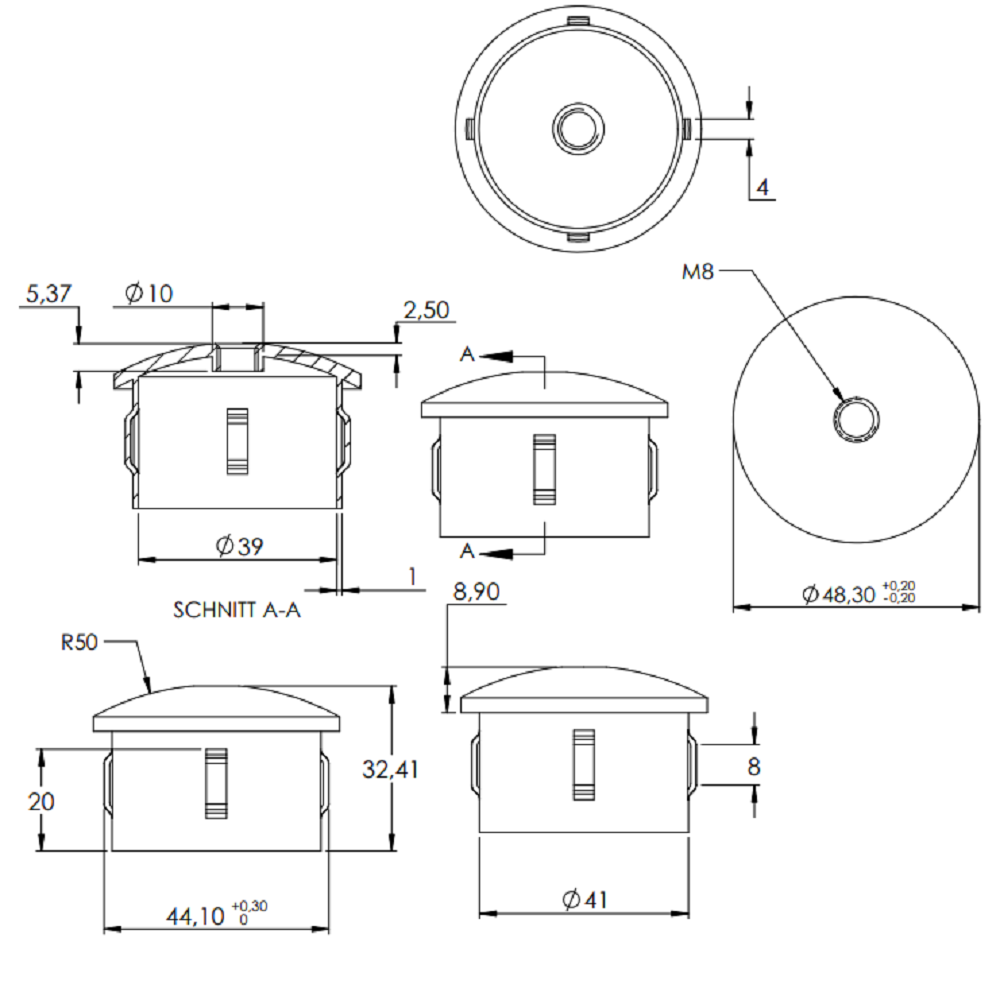 Stahleinschlagstopfen für Rohr ø 48,3mm, mit Wandstärke 2,5-2,9mm, leicht gewölbt, mit Gewinde M8