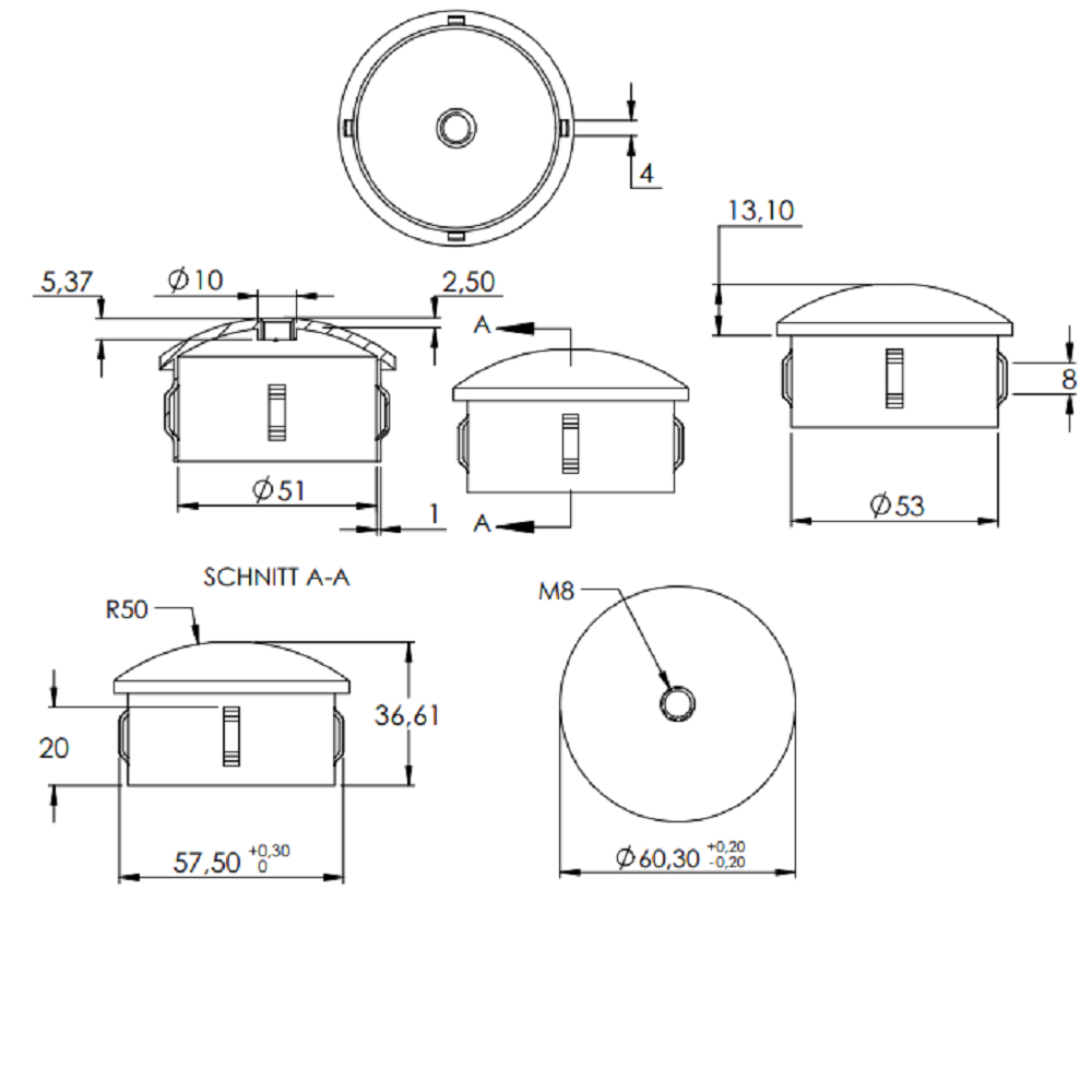 Stahleinschlagstopfen für Rohr ø 60,3mm, mit Wandstärke 1,8-2,2mm, leicht gewölbt, mit Gewinde M8