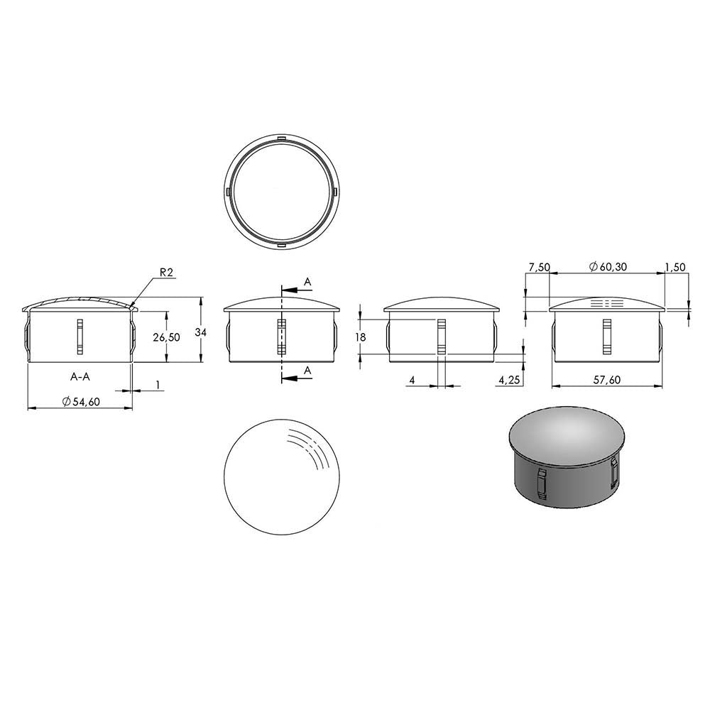 Einschlagstopfen leicht gewölbt, hohl mit Nasen, für Rohr ø 60,3 x 2,0 - 2,6mm