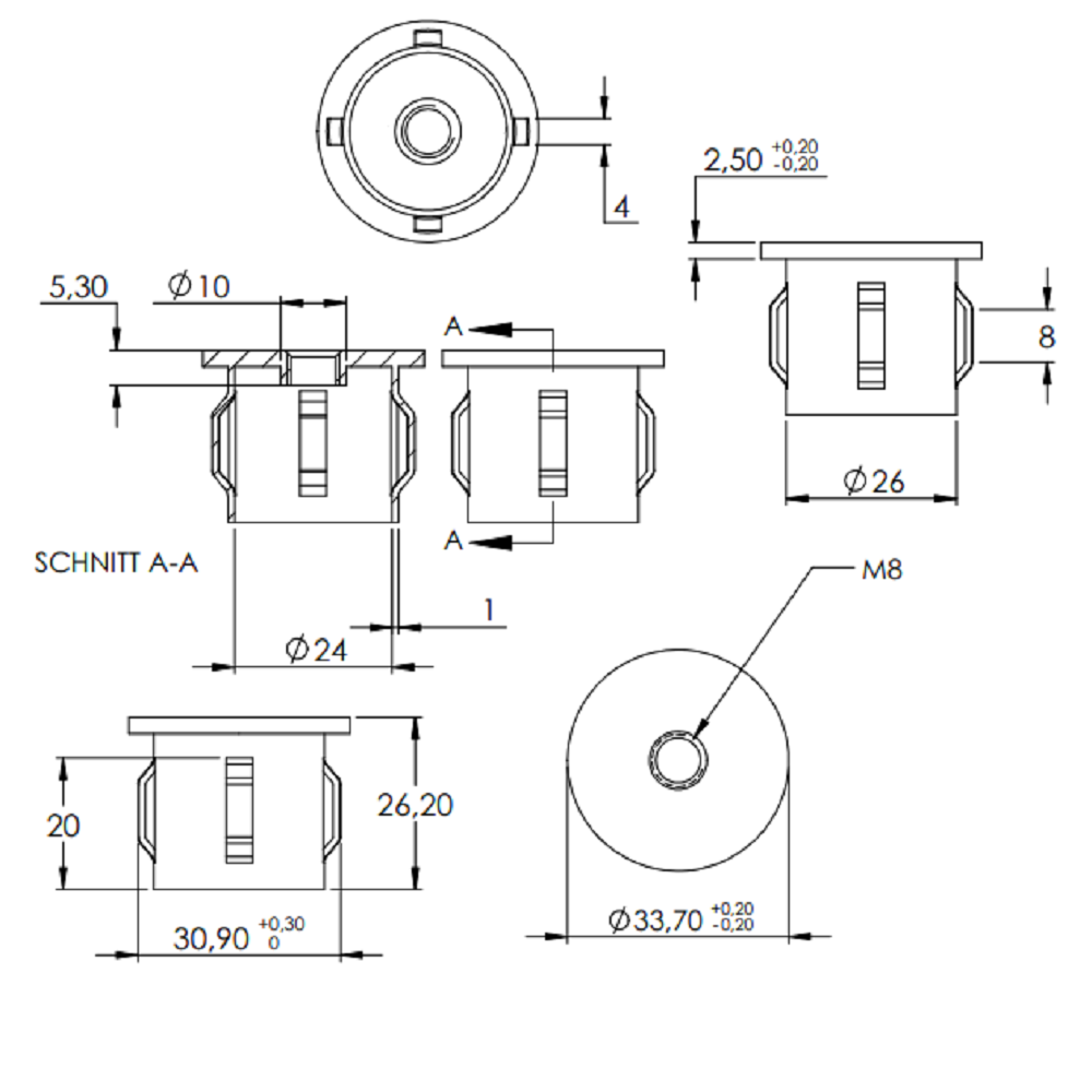 Stahleinschlagstopfen für Rohr ø 42,4mm, mit Wandstärke 1,8-2,2mm, flach, mit Gewinde M8