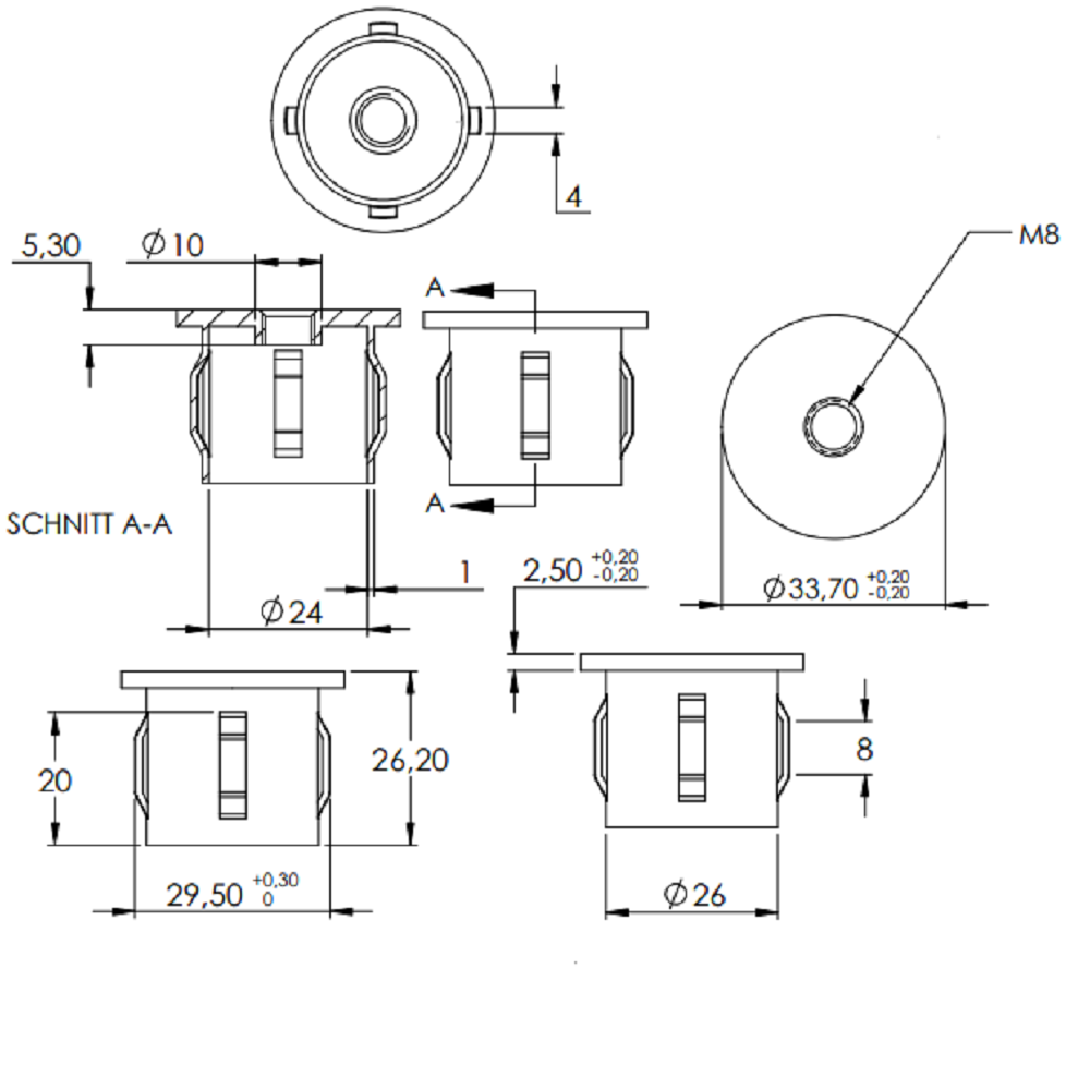 Stahleinschlagstopfen für Rohr ø 33,7mm, mit Wandstärke 2,5-2,9mm, flach, mit Gewinde M8