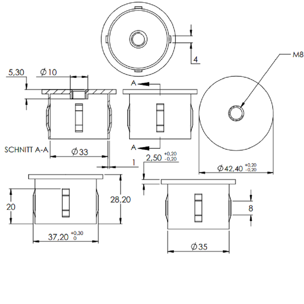 Stahleinschlagstopfen für Rohr ø 42,4mm, mit Wandstärke 3,0-3,5mm, flach, mit Gewinde M8