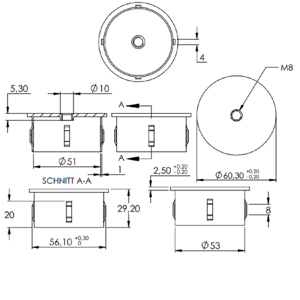 Stahleinschlagstopfen für Rohr ø 60,3mm, mit Wandstärke 2,5-2,9mm, flach, mit Gewinde M8