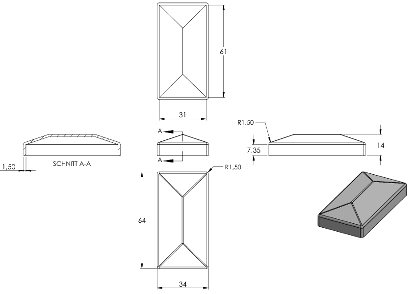 Pyramidenkappe für Rechteckrohr 60 x 30mm, Stahl roh