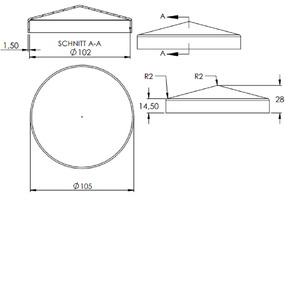 Stahl Abdeckkappe für Rundrohr ø 101,6mm