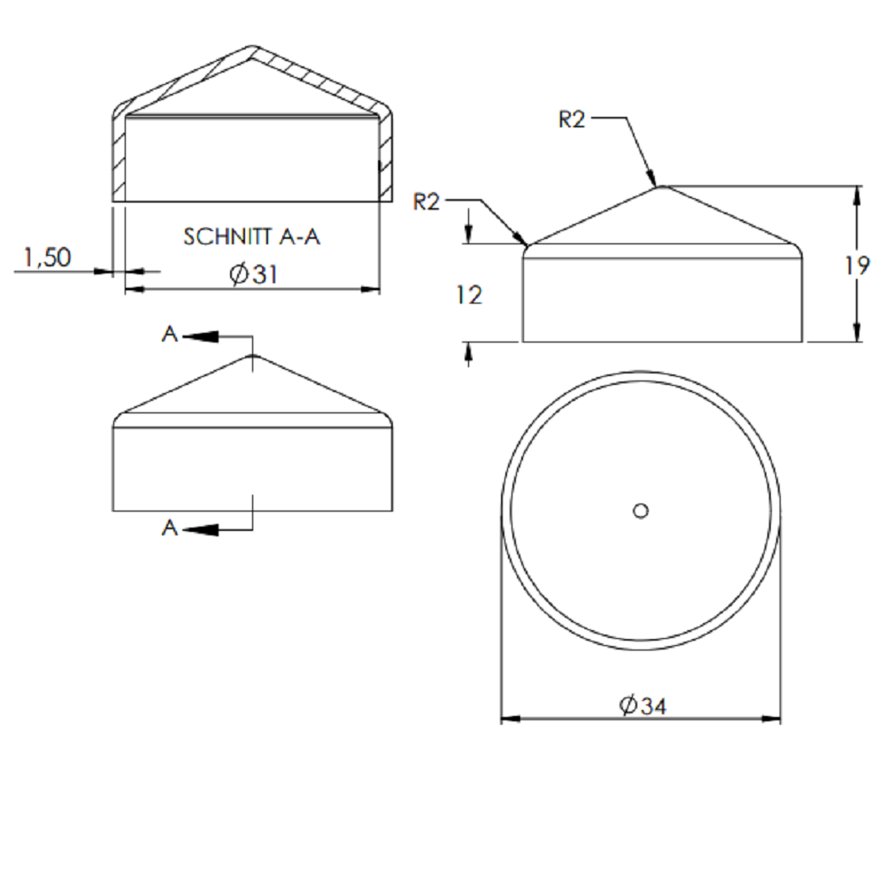 Stahl Abdeckkappe für Rundrohr ø 30mm
