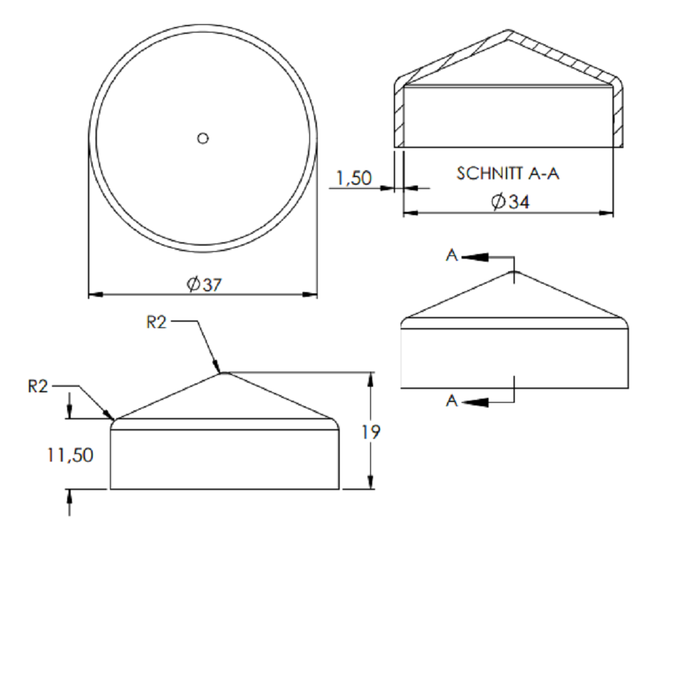 Stahl Abdeckkappe für Rundrohr ø 33,7mm