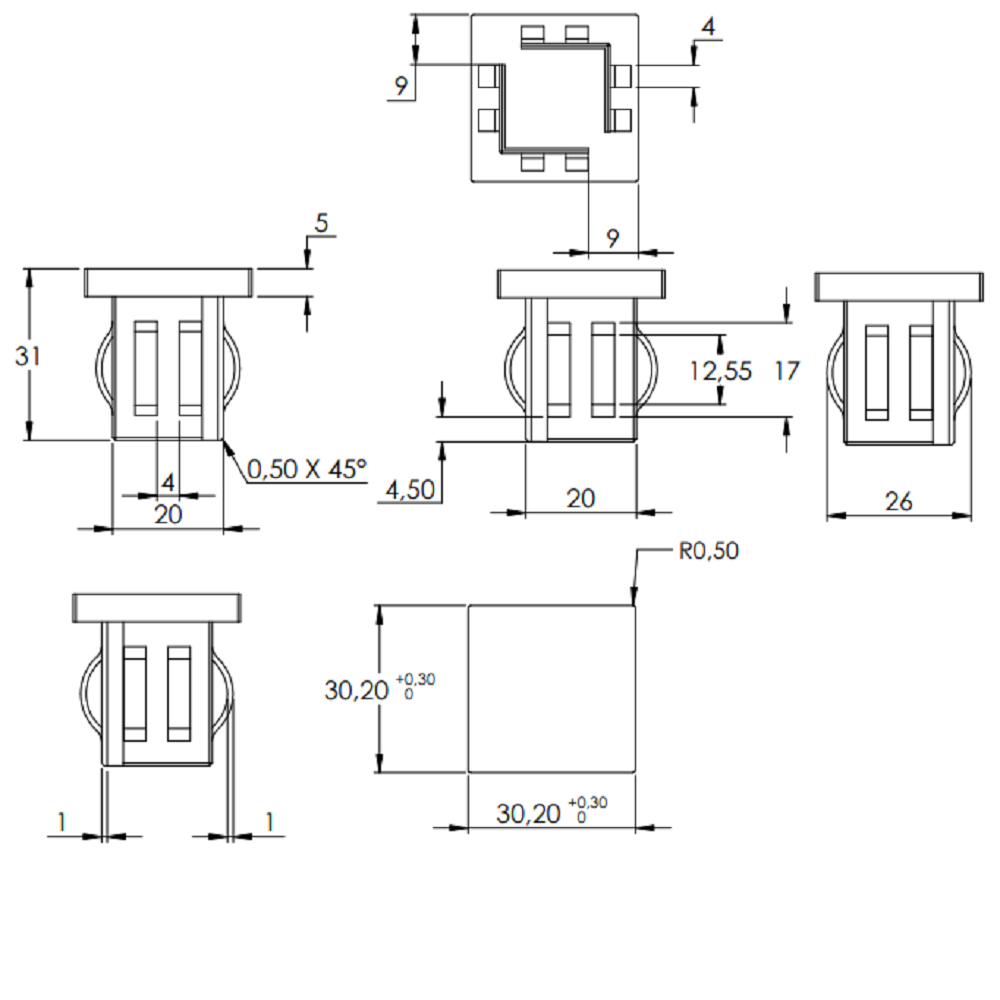 Stahleinschlagstopfen für Quadrat- oder Rechteckrohr 30 x 30mm, mit Wandstärke 2,0-3,0mm, flach