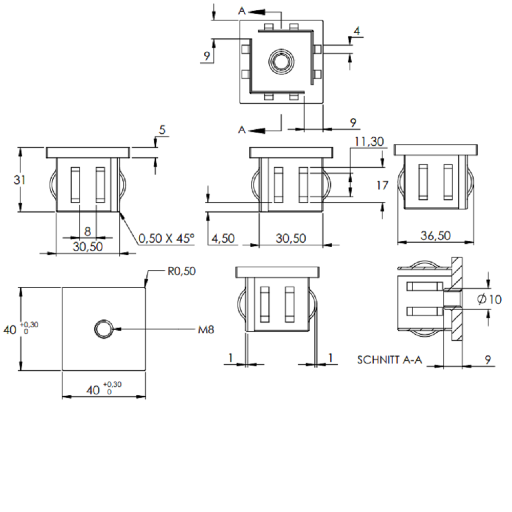 Stahleinschlagstopfen für Quadratrohr 40 x 40mm, mit Wandstärke 2,0-3,0mm, flach, mit Gewinde M8 für Quadratrohr