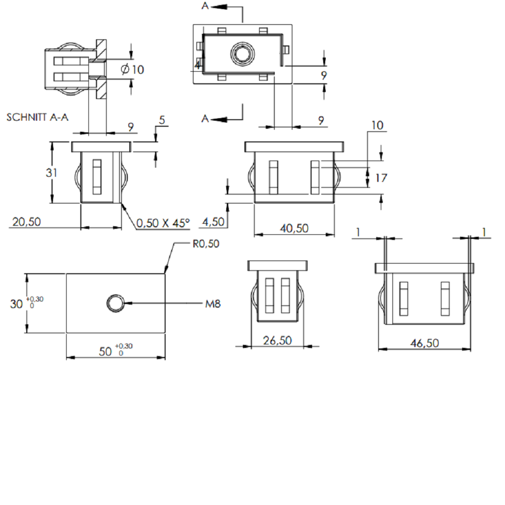 Stahleinschlagstopfen für Quadratrohr 50 x 30mm, mit Wandstärke 2,0-3,0mm, flach, mit Gewinde M8 für Rechteckrohr